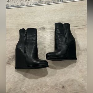 Black Leather Wedge Ankle Boots - Women's